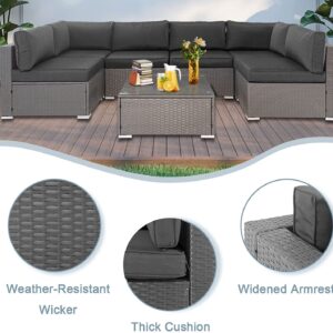 Incbruce 7-Piece Outdoor Furniture Sofa Set, All-Weather Gray Wicker Sectional Couch, Patio Conversation Sets with Glass Coffee Table and Washable Cushions (Grey)