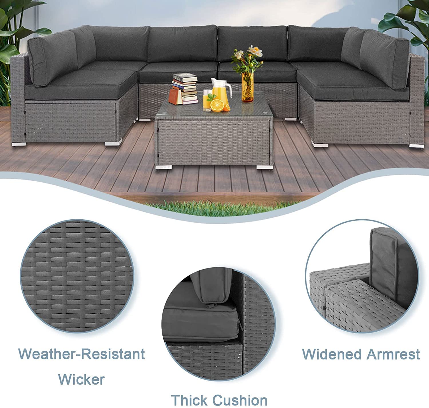 Incbruce 7-Piece Outdoor Furniture Sofa Set, All-Weather Gray Wicker Sectional Couch, Patio Conversation Sets with Glass Coffee Table and Washable Cushions (Grey)