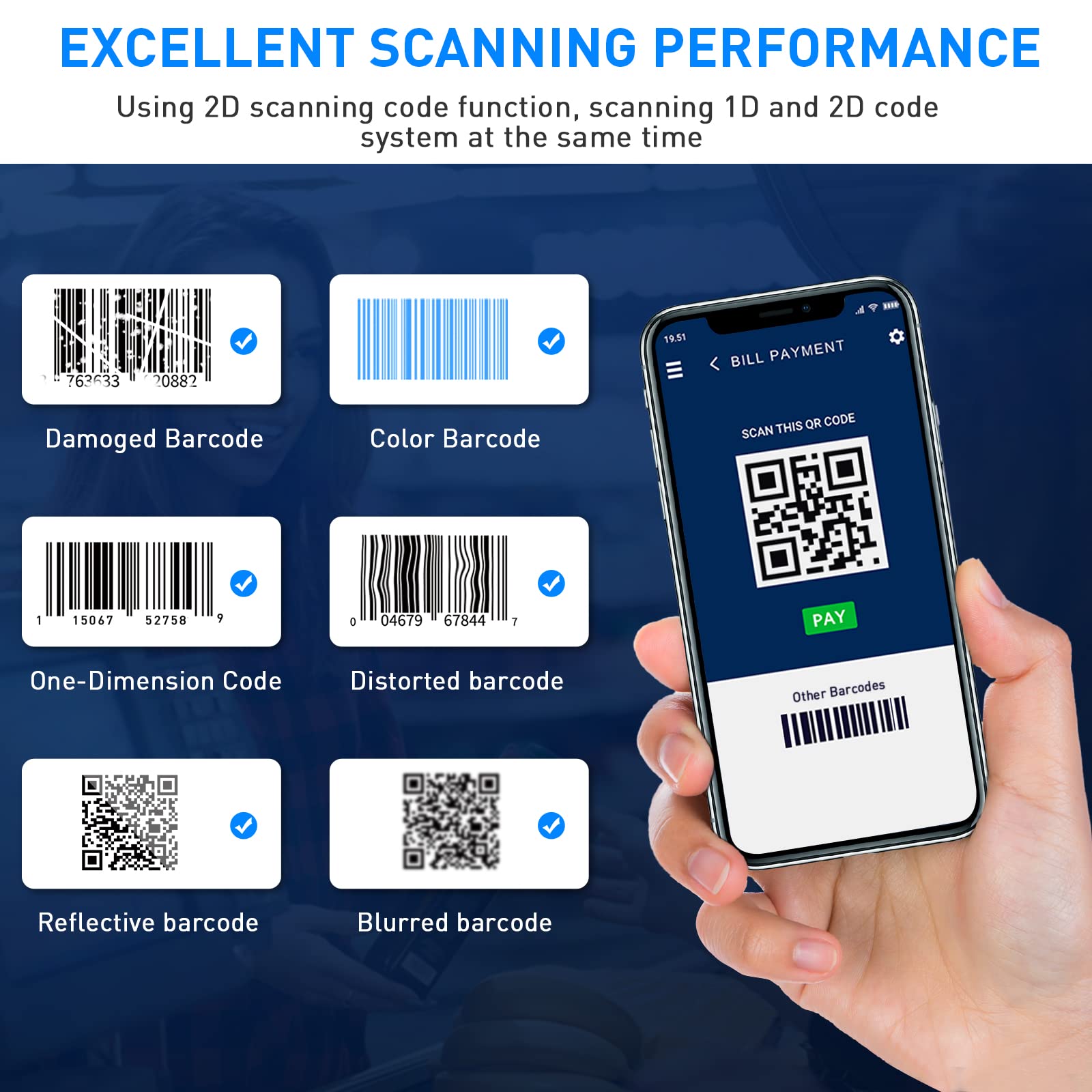 Bluetooth Barcode Scanner,JRHC Mini 2D Portable Wireless Barcode Scanner 3-in-1 Bluetooth & 2.4G Wireless & Wired Connection Barcode Reader Compatible with iOS, Android, Windows, Mac Tablets Or PC