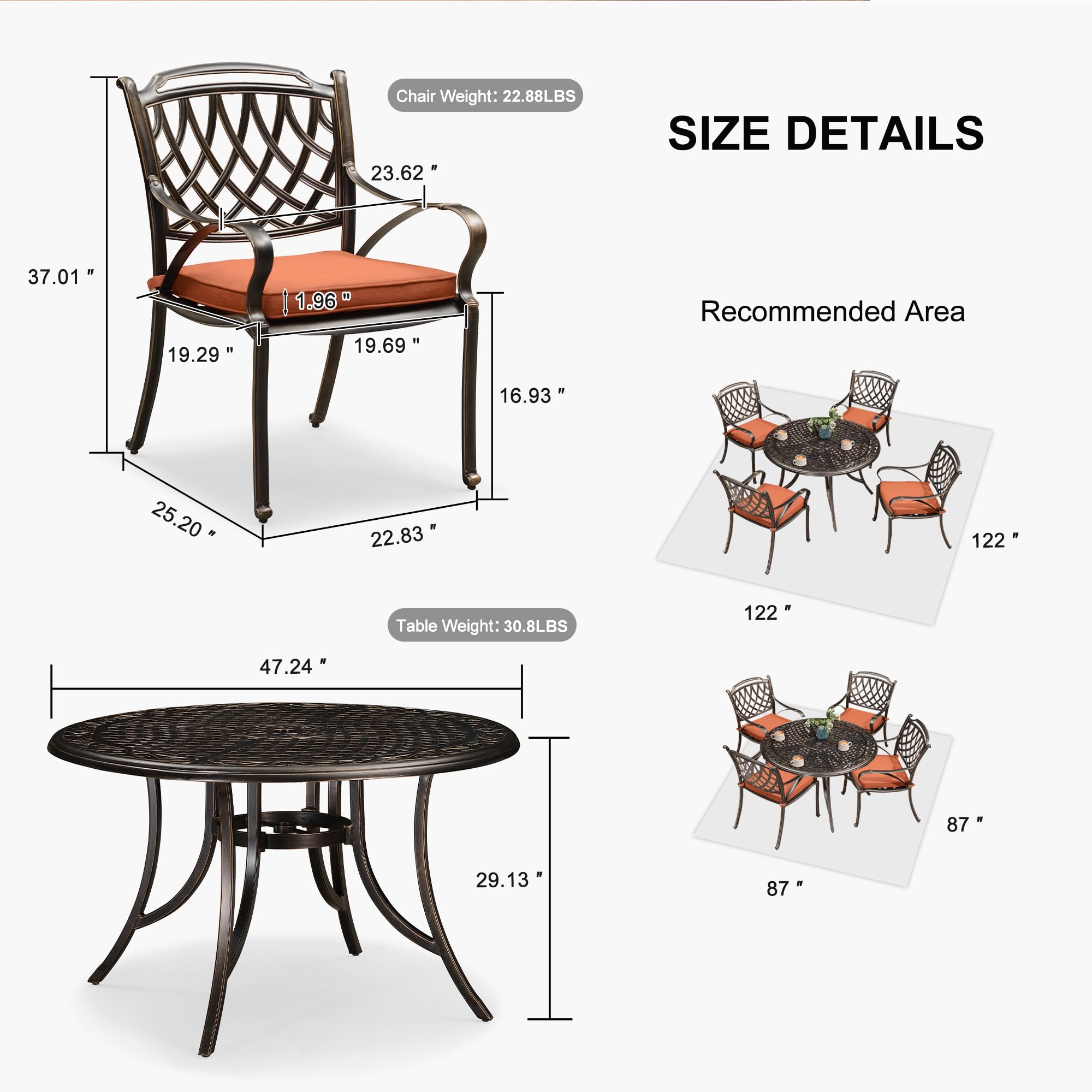 PURPLE LEAF Patio Dining Set Cast Aluminum 5-Piece Patio Furniture Set with 4 Dining Armchairs and 47" Round Table, 4 Cushions Included, for Lawn Yard Garden, Rhombic Brick Red Outdoor Dining Set