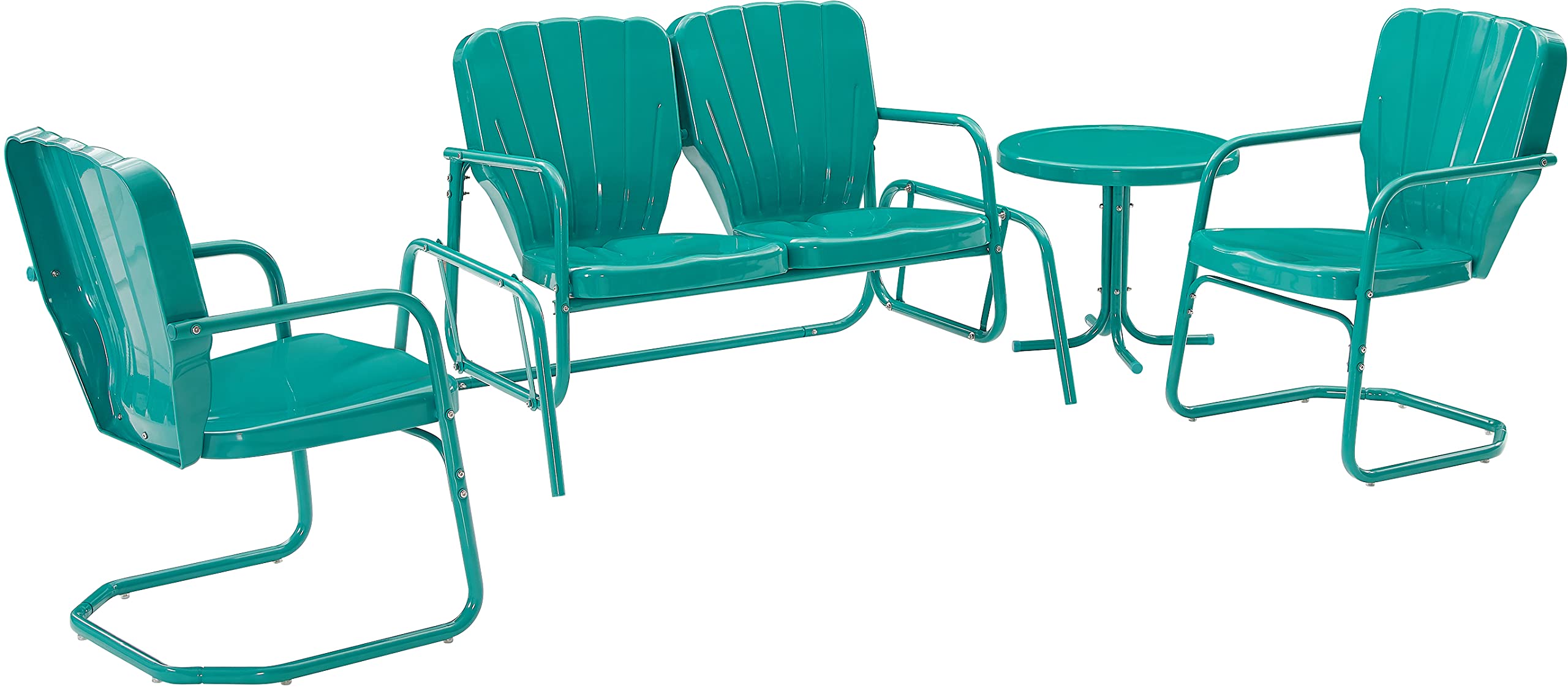 Crosley Furniture Ridgeland 4-Piece Retro Metal Outdoor Loveseat Glider Patio Furniture Set for Porch, Deck, Turquoise Gloss