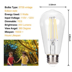 truestory Dimmable Vintage LED Edison Bulbs, 5W, Equivalent 50W, 450lm, Warm White 2700K, ST19(ST58) LED Filament Bulbs, E26 Medium Base, Clear Glass, Pack of 6 (Warm Light)