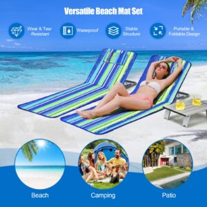 GYMAX Beach Chairs, Folding Tanning Lounge Chairs with Table Set, Adjustable Patio Floor Chair, Outdoor Sunbath Chair with Desk, Pillow & Storage Bag for Outside, Patio, Poolside (Blue Stripe)