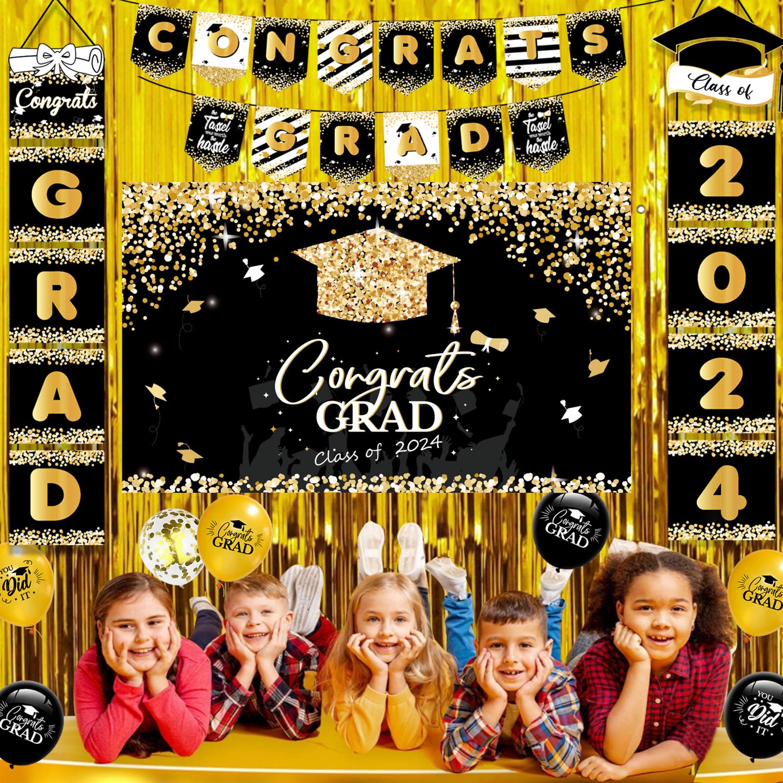 2024 Graduation Party Decorations - Graduation Decorations Class of 2024, Graduation Party Supplies Pack Including Backdrop, Porch Sign, Banner, Balloons, Photo Booth Props