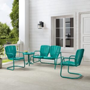 Crosley Furniture Ridgeland 4-Piece Retro Metal Outdoor Loveseat Glider Patio Furniture Set for Porch, Deck, Turquoise Gloss