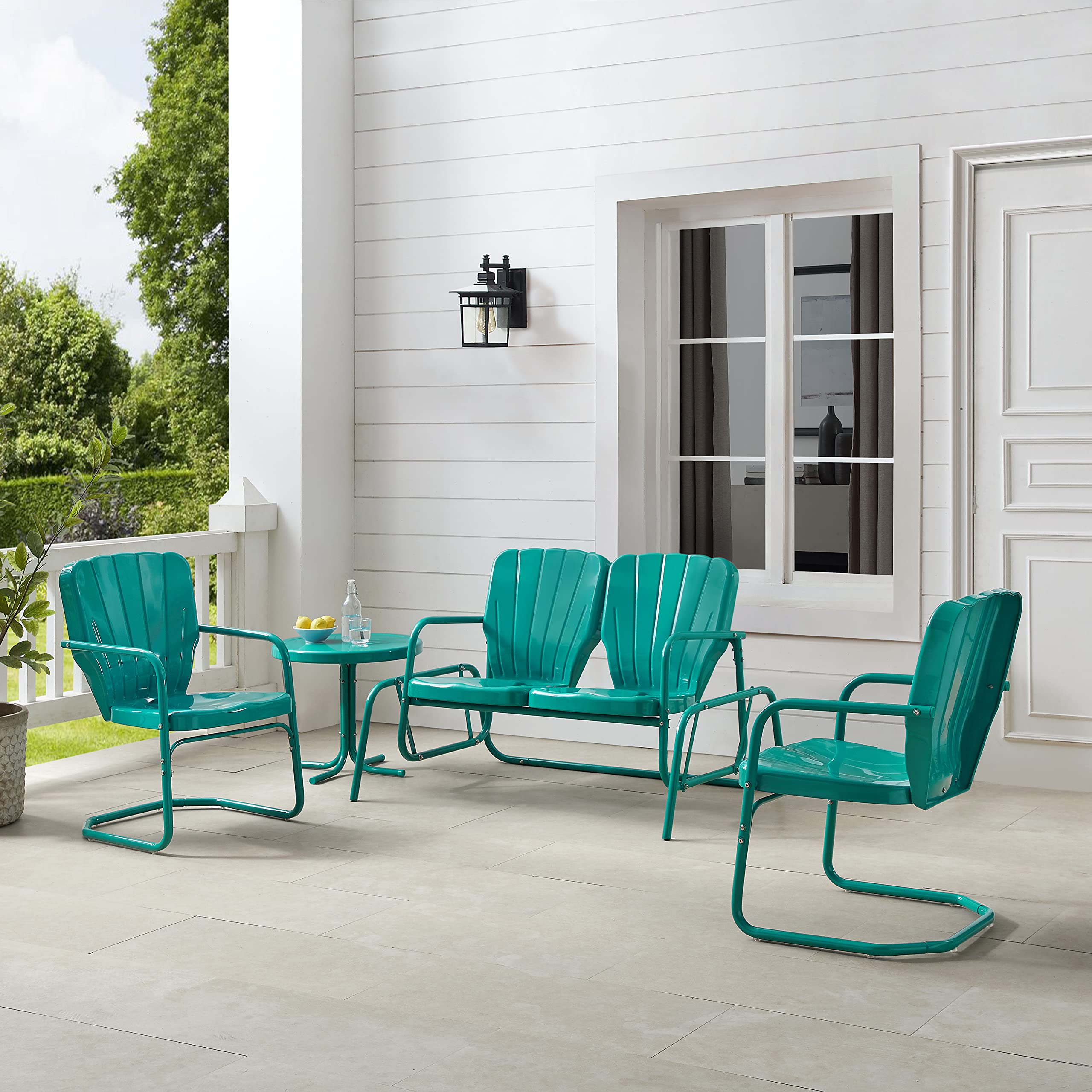 Crosley Furniture Ridgeland 4-Piece Retro Metal Outdoor Loveseat Glider Patio Furniture Set for Porch, Deck, Turquoise Gloss