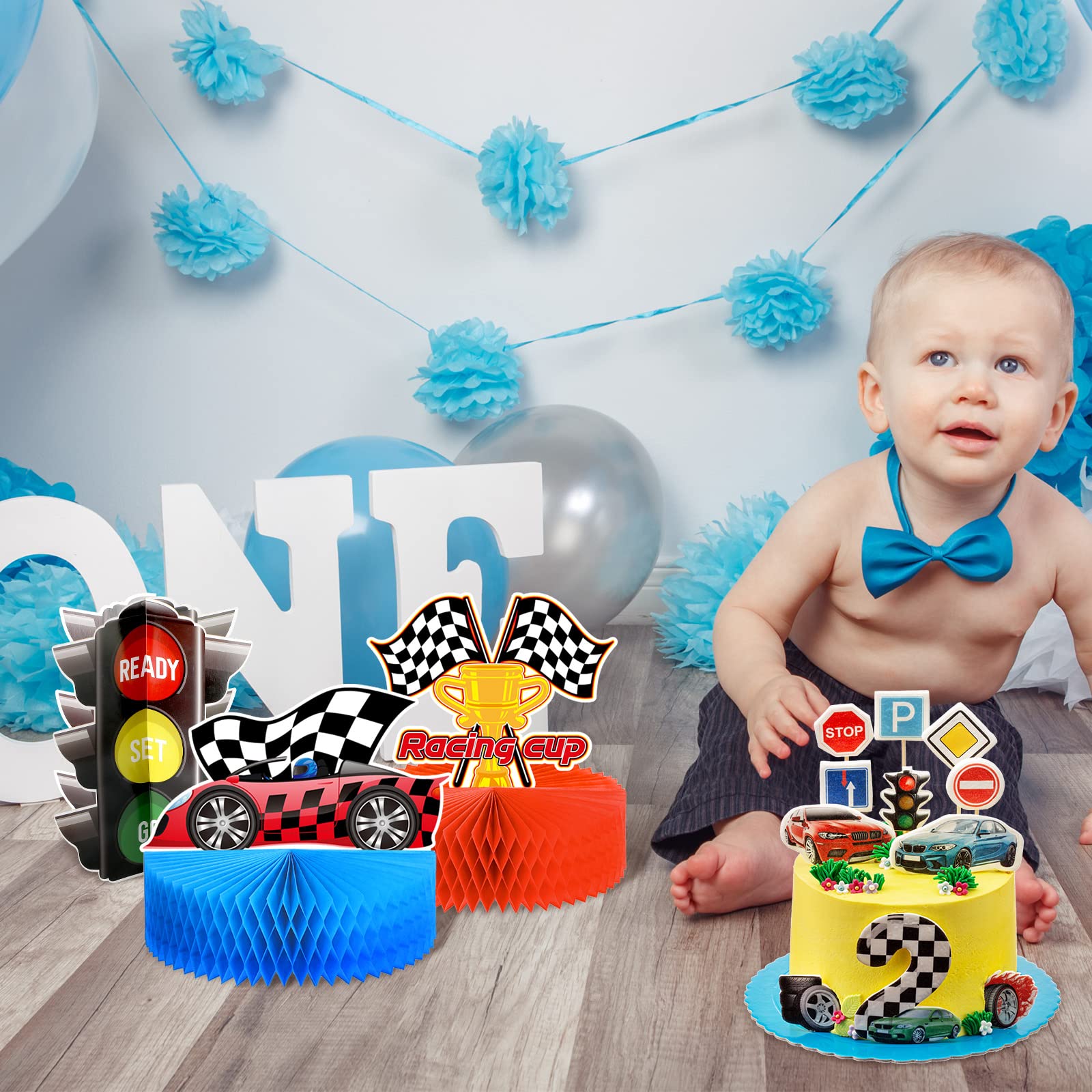 Zonon 9 Piece Race Car Party Decorations Race Car Honeycomb Centerpiece Let's Go Racing Theme Party Cake Ball Table Topper 3D Race Car Paper Centerpiece for Birthday Party Baby Shower Supplies