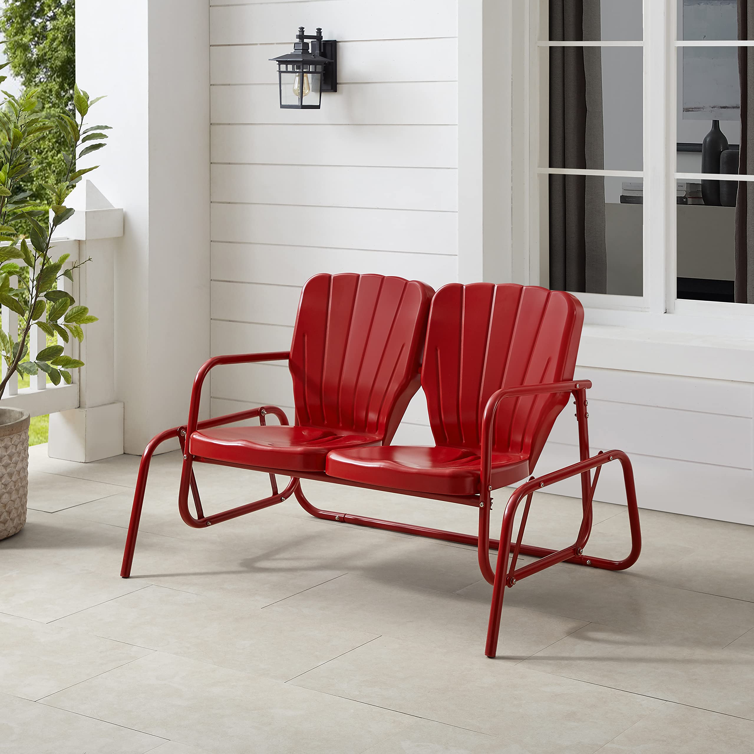 Crosley Furniture Ridgeland Retro Metal Outdoor Loveseat Glider, 2-Person Rocking Patio Bench for Porch, Bright Red Gloss