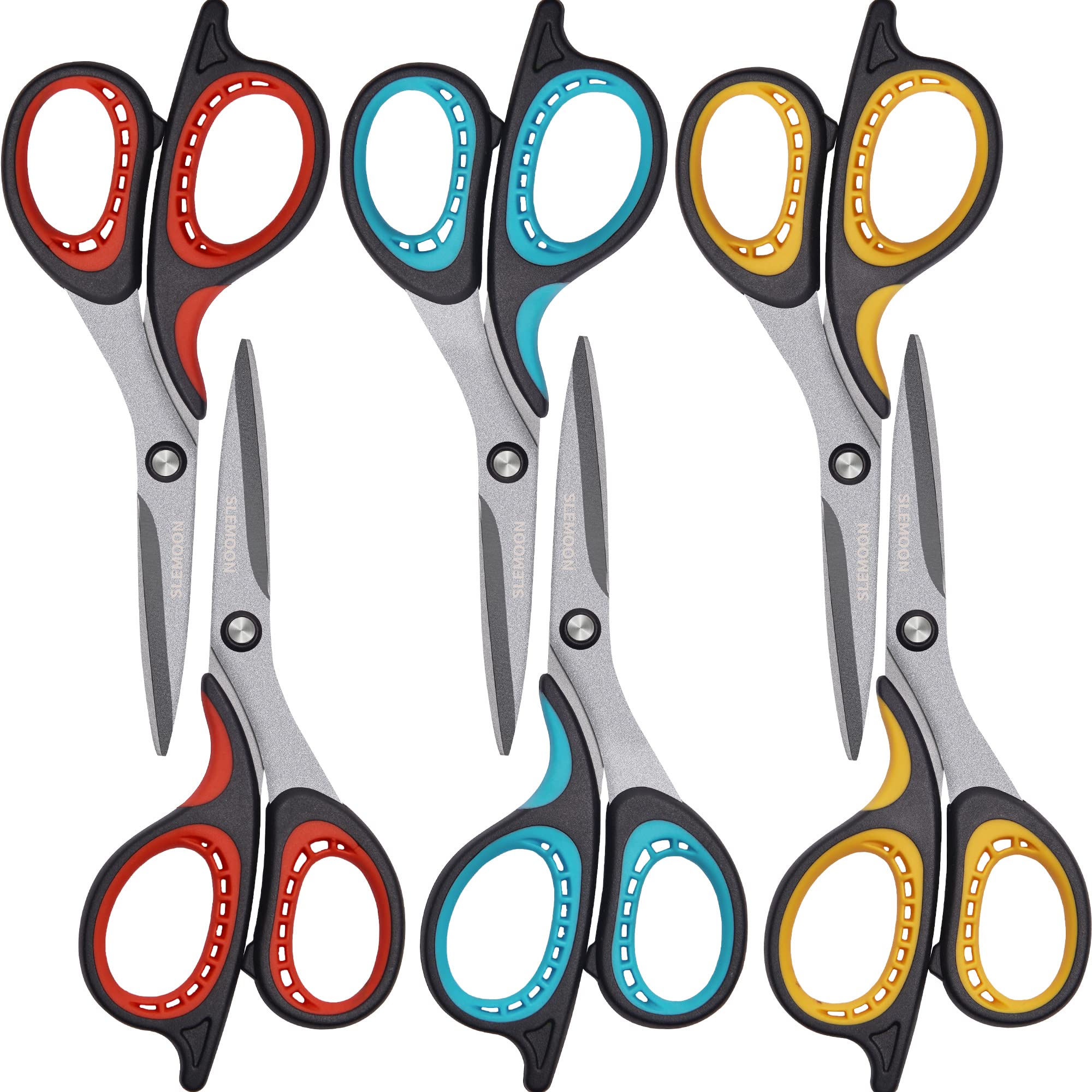 SLEMOON 8" Teflon Non Stick Titanium Scissors All Purpose Heavy Duty, Scissors for Office Desk Craft Scissors for Kids,Kitchen Scissors for Food 6 Pack Set Professional Stainless Steel Comfort Grip