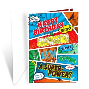 prime greetings birthday card for grandson, made in america, eco-friendly, thick card stock with premium envelope 5in x 7.75in, packaged in protective mailer (superhero)