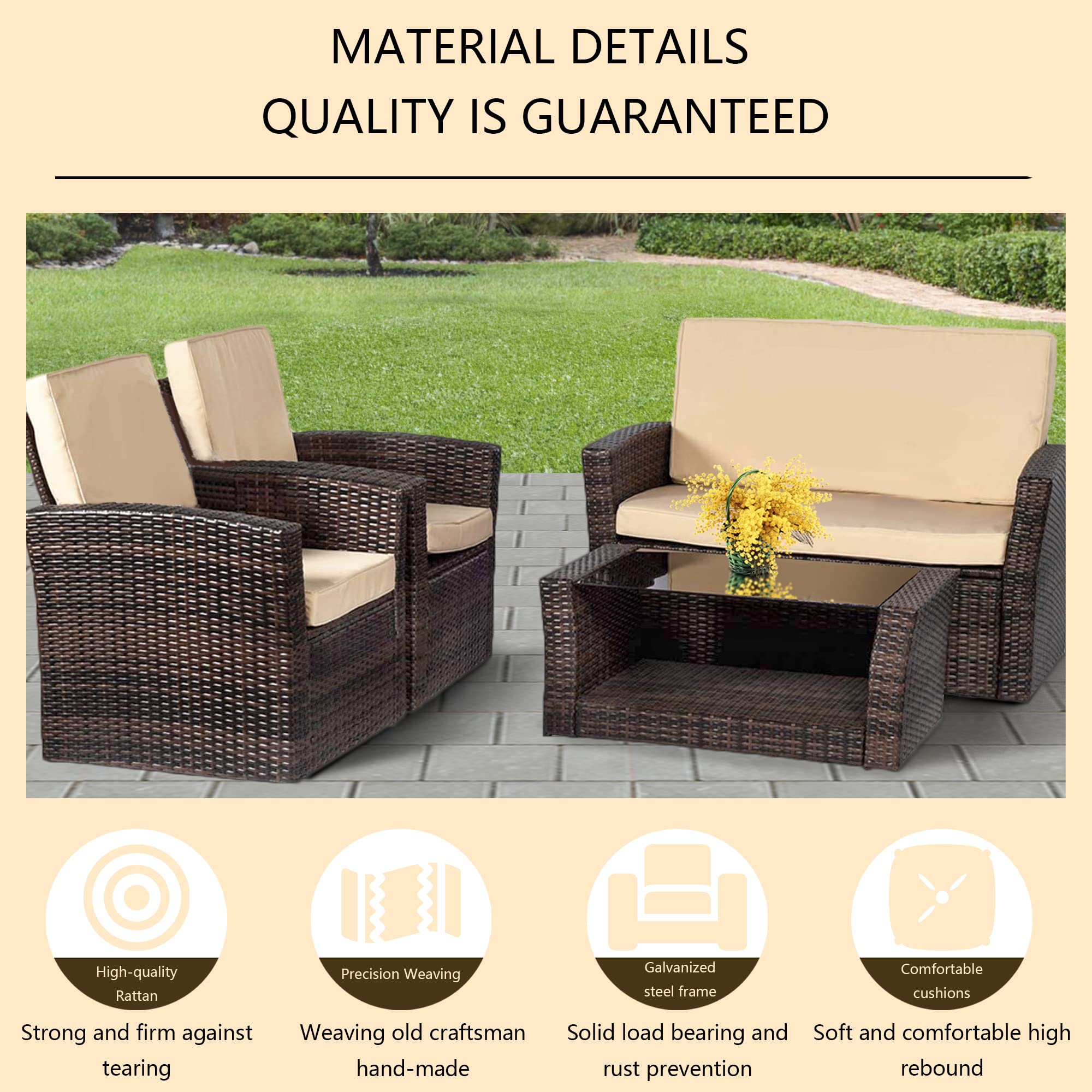 4 Pieces Patio Conversation Set, Outdoor PE Rattan Wicker Sofa Furniture Set with Soft Cushions and Glass Coffee Table for Backyard Lawn Garden Balcony Porch