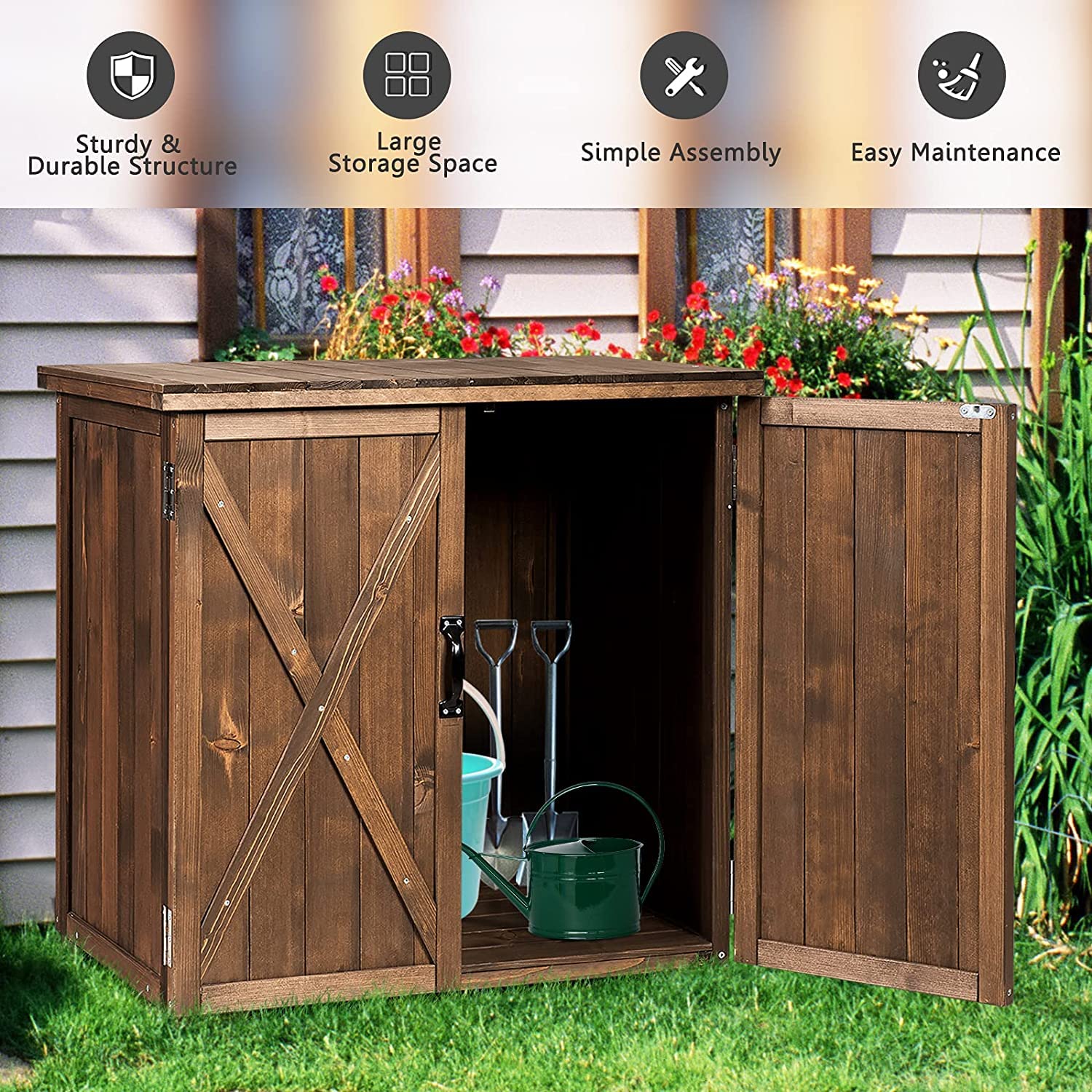 GRAFFY Garden Wooden Storage Shed, Compact Tool Cabinet with Doors and Handles, for Garden Yard Patio