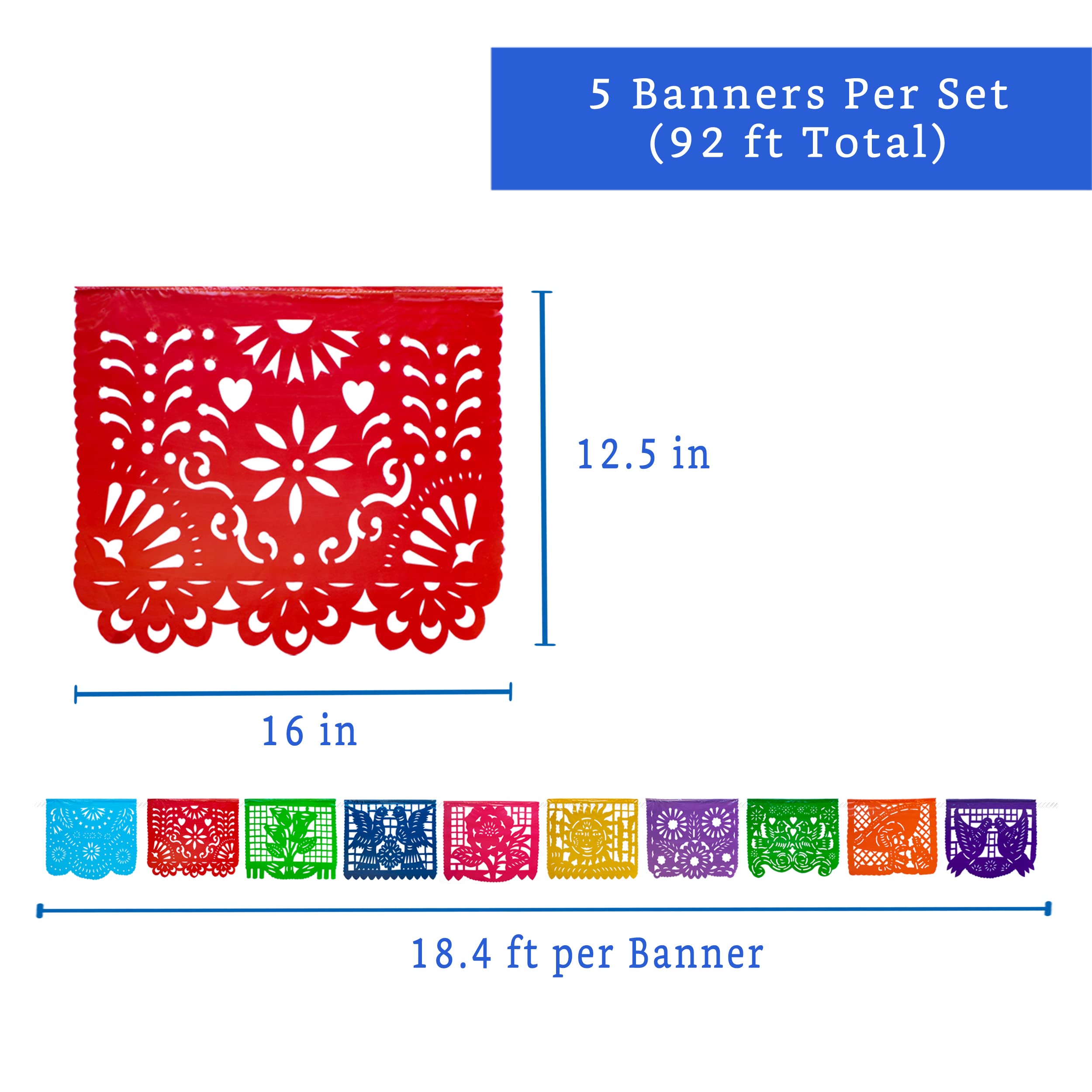 Mexican Party Banners (5 Pack with 10 Plastic Flags per Banner) - Mexican Themed Party Decorations - Papel Picado Mexicano Para Fiesta - Mexican Fiesta Party Decorations - Mexican Décor