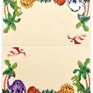 Dinosaur Place Cards - 25 Pack - Dinosaur Themed Card Labels for Food. Name Cards for Kids Birthday Parties, Jungle Theme Parties, Sleepover Parties, Cocktail Parties, and Buffets. 2” x 3.5” Folded.