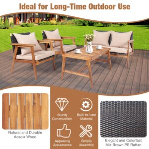 DORTALA 4 Piece Wicker Patio Furniture Set, Outdoor Acacia Wood & Rattan Coversation Sets with Chairs, Loveseat, Coffee Table for Backyard Porch Garden Poolside Balcony, Brown