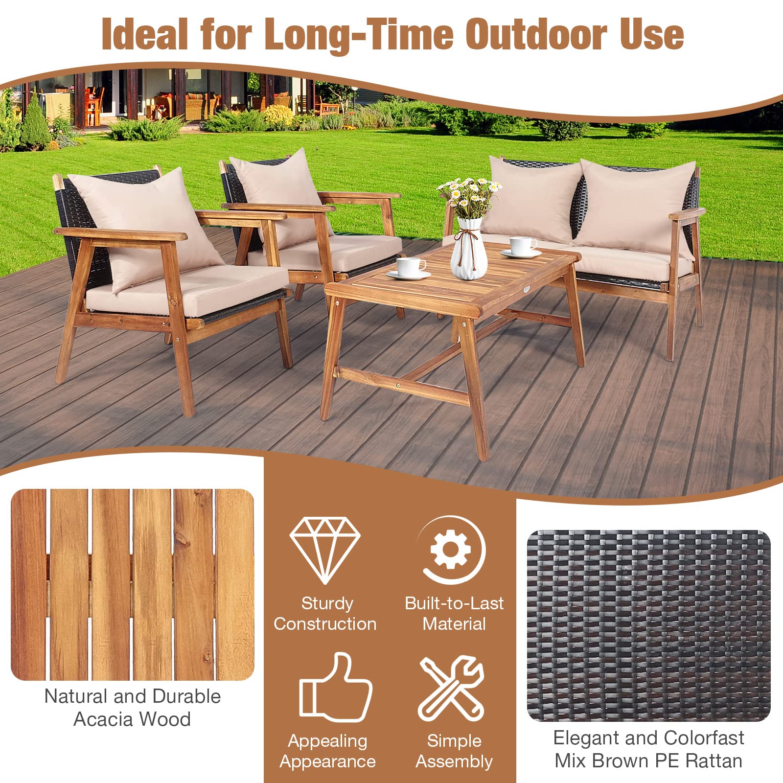 DORTALA 4 Piece Wicker Patio Furniture Set, Outdoor Acacia Wood & Rattan Coversation Sets with Chairs, Loveseat, Coffee Table for Backyard Porch Garden Poolside Balcony, Brown