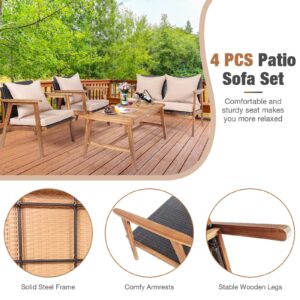 DORTALA 4 Piece Wicker Patio Furniture Set, Outdoor Acacia Wood & Rattan Coversation Sets with Chairs, Loveseat, Coffee Table for Backyard Porch Garden Poolside Balcony, Brown