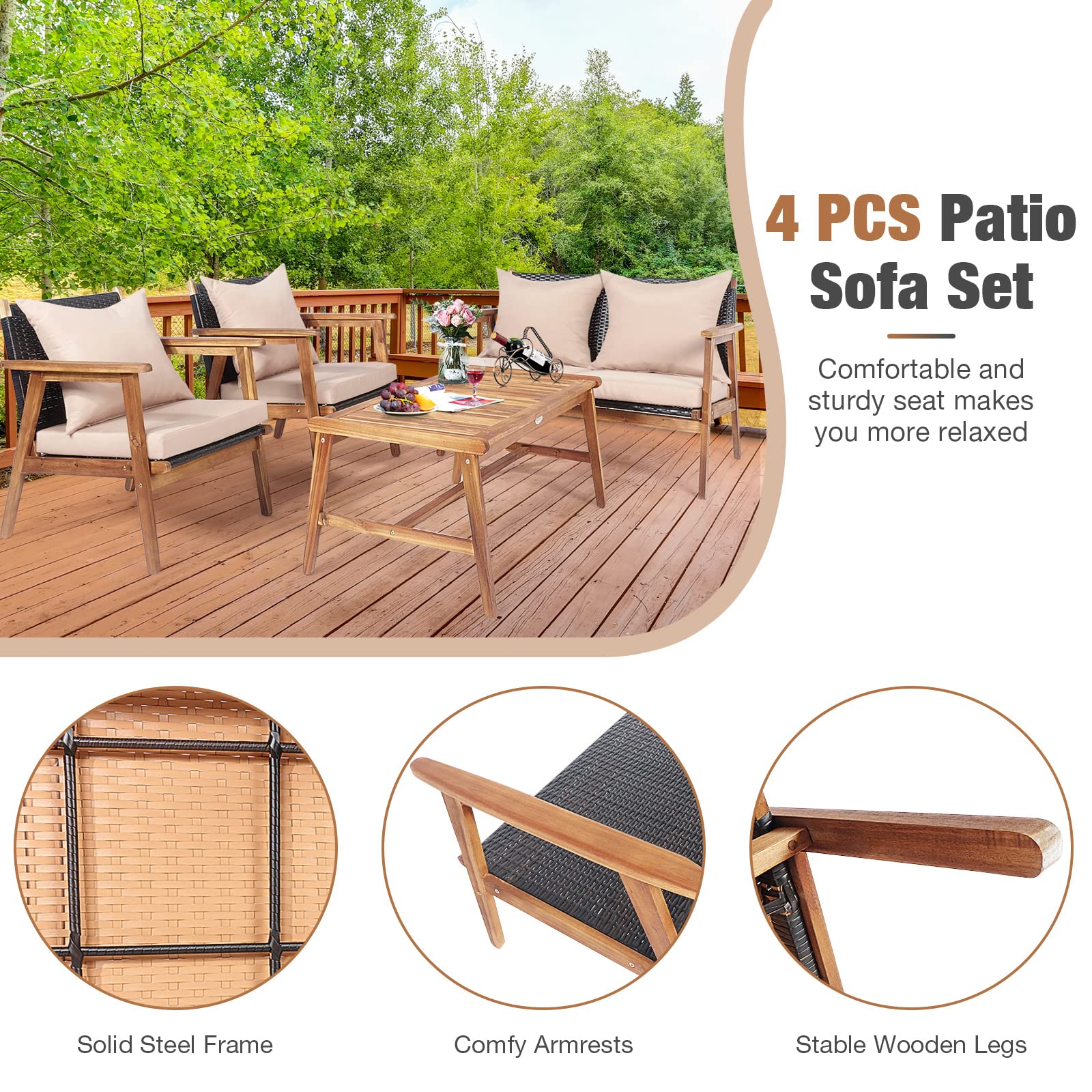 DORTALA 4 Piece Wicker Patio Furniture Set, Outdoor Acacia Wood & Rattan Coversation Sets with Chairs, Loveseat, Coffee Table for Backyard Porch Garden Poolside Balcony, Brown