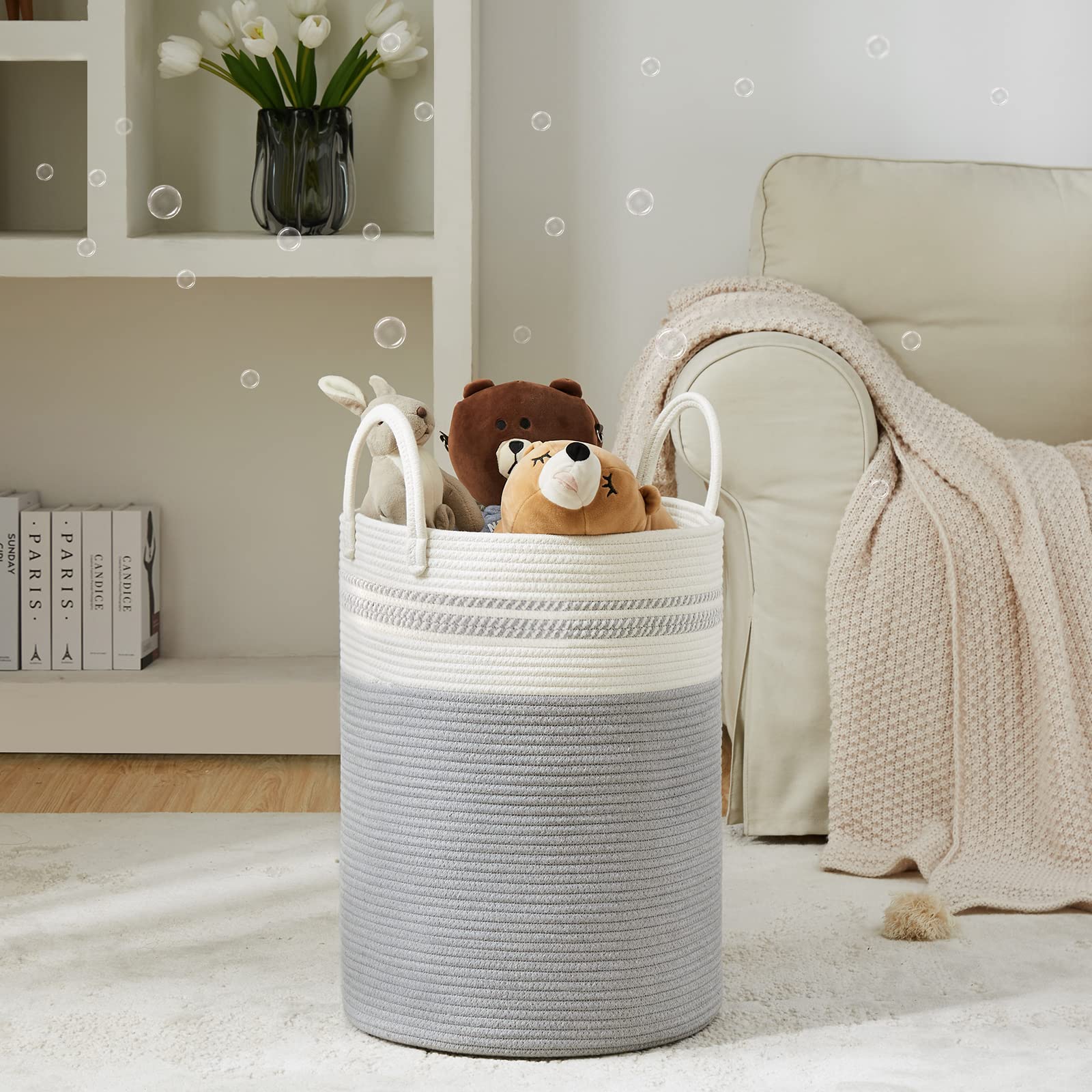 YOUDENOVA Woven Rope Laundry Hamper Basket, 72L Tall Luandry Basket, Baby Nursery Hamper for Blanket Storage, Clothes Hamper for Laundry in Bedroom-Large-Grey