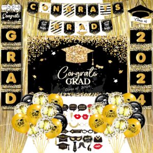 2024 graduation party decorations - graduation decorations class of 2024, graduation party supplies pack including backdrop, porch sign, banner, balloons, photo booth props