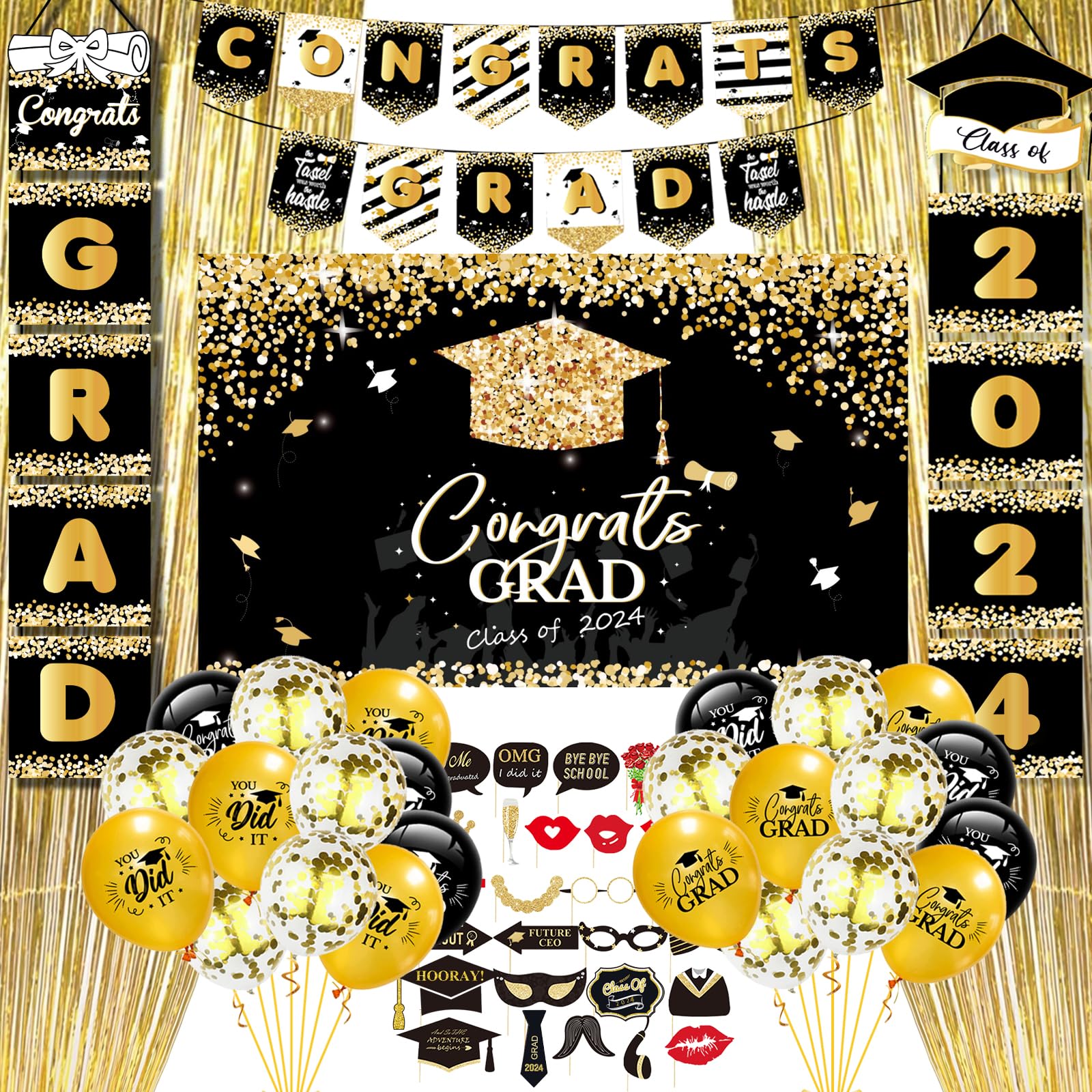 2024 Graduation Party Decorations - Graduation Decorations Class of 2024, Graduation Party Supplies Pack Including Backdrop, Porch Sign, Banner, Balloons, Photo Booth Props