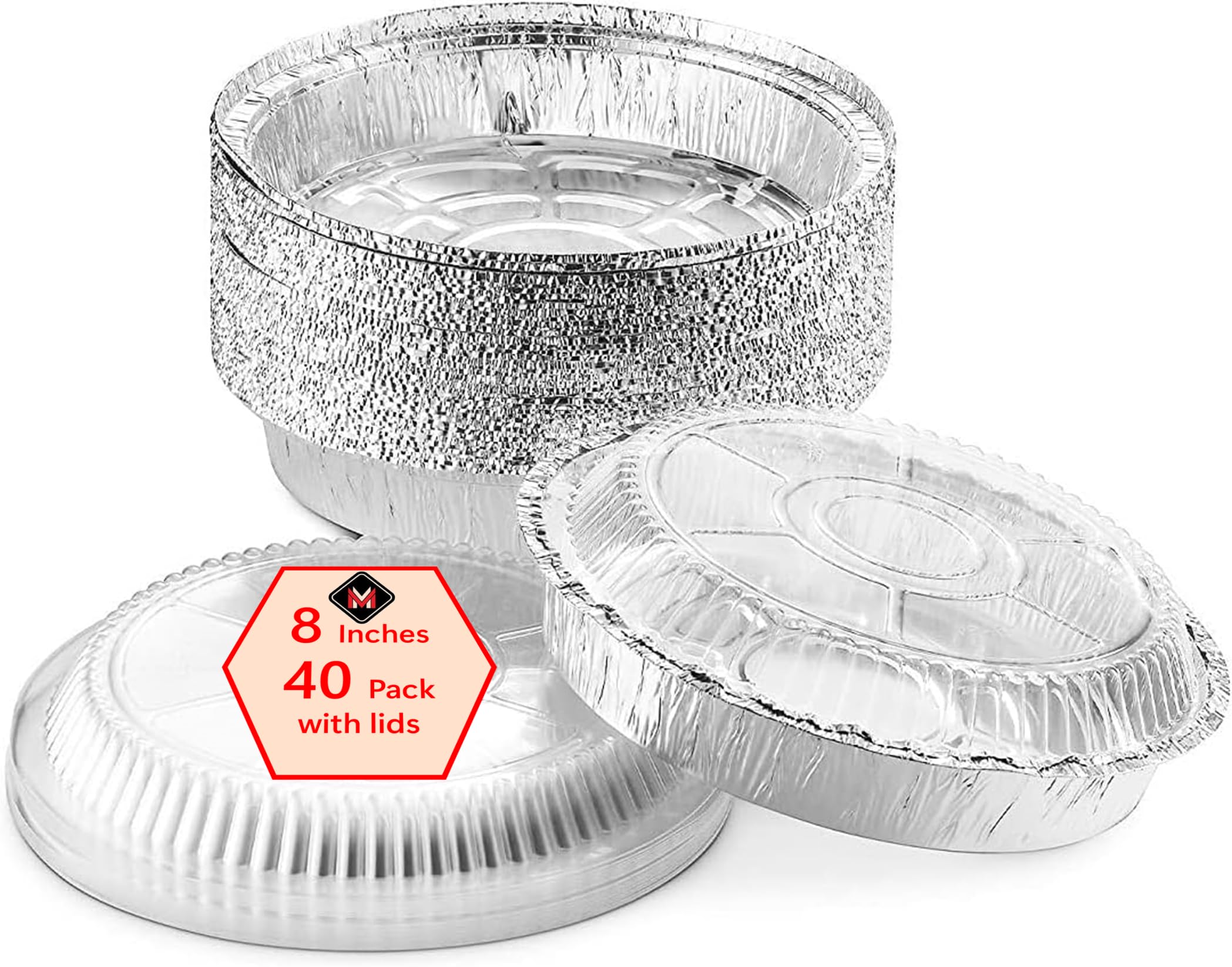 Mr Miracle Pack of 40 Disposable Aluminum Foil Pans with Clear Lids –8 Inch Circular Aluminum Pans, Ideal for Baking, Storing, Heating, Serving - Round Foil Pans with Lids