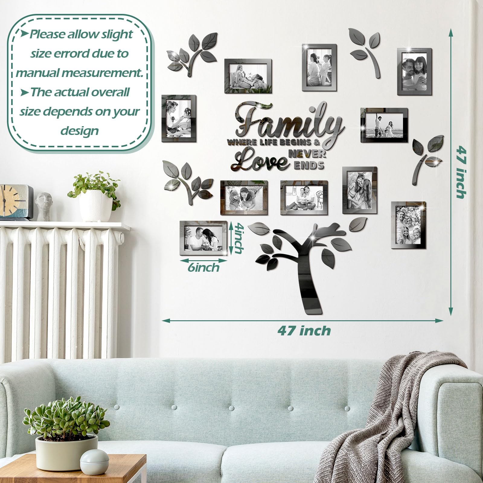 Family Tree Wall Decal Acrylic 3D DIY Mirror Sticker Photo Frames Removable Wall Art Decals Home Decorations for Living Room Bedroom Kitchen Dining Office, 47 x 47 Inch(Black)