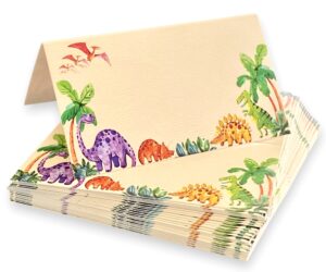 dinosaur place cards - 25 pack - dinosaur themed card labels for food. name cards for kids birthday parties, jungle theme parties, sleepover parties, cocktail parties, and buffets. 2” x 3.5” folded.