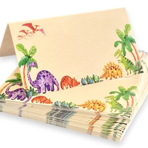 Dinosaur Place Cards - 25 Pack - Dinosaur Themed Card Labels for Food. Name Cards for Kids Birthday Parties, Jungle Theme Parties, Sleepover Parties, Cocktail Parties, and Buffets. 2” x 3.5” Folded.