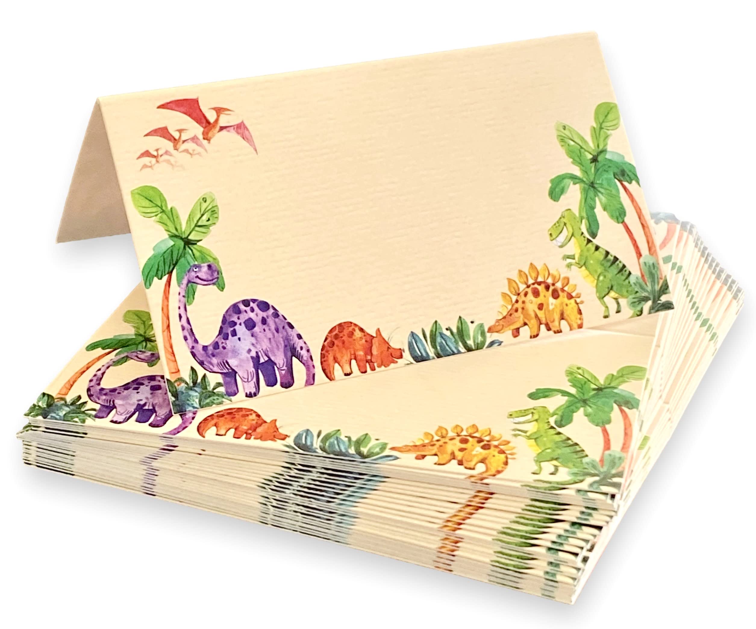 Dinosaur Place Cards - 25 Pack - Dinosaur Themed Card Labels for Food. Name Cards for Kids Birthday Parties, Jungle Theme Parties, Sleepover Parties, Cocktail Parties, and Buffets. 2” x 3.5” Folded.