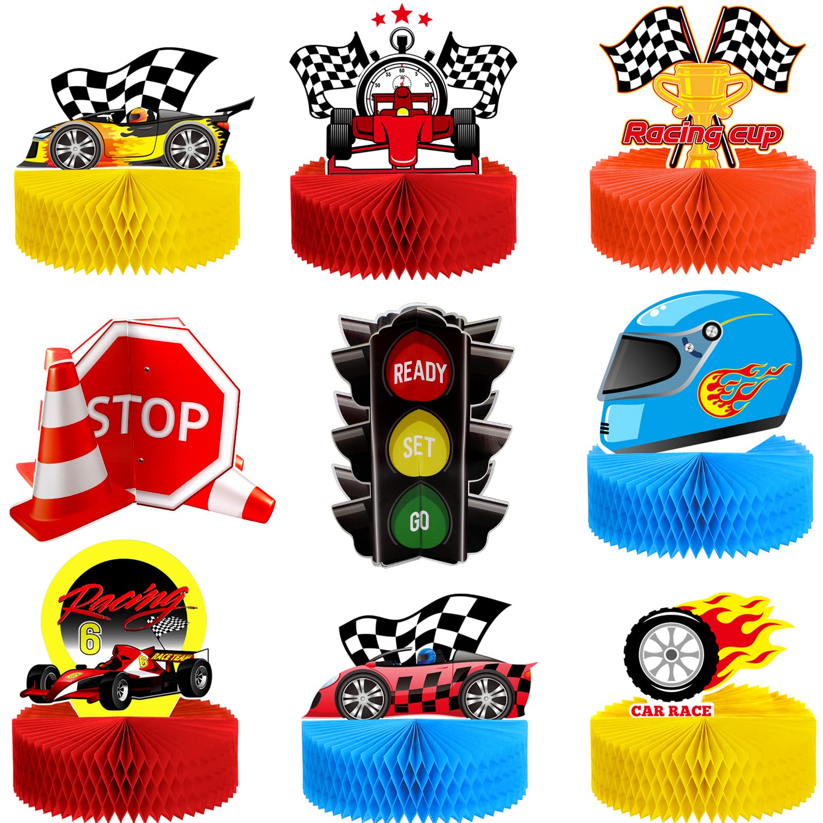 Zonon 9 Piece Race Car Party Decorations Race Car Honeycomb Centerpiece Let's Go Racing Theme Party Cake Ball Table Topper 3D Race Car Paper Centerpiece for Birthday Party Baby Shower Supplies