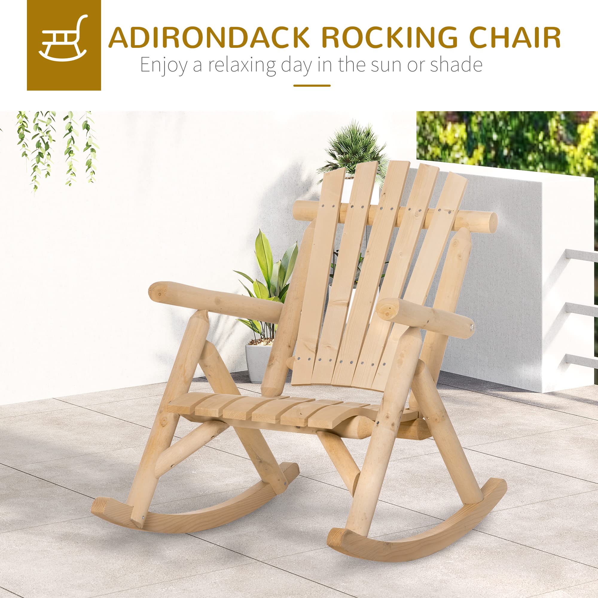 Outsunny Outdoor Wooden Rocking Chair, Single-Person Rustic Adirondack Rocker with Slatted Seat, High Backrest, Armrests for Patio, Garden and Porch, Natural