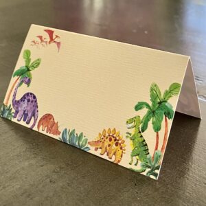 Dinosaur Place Cards - 25 Pack - Dinosaur Themed Card Labels for Food. Name Cards for Kids Birthday Parties, Jungle Theme Parties, Sleepover Parties, Cocktail Parties, and Buffets. 2” x 3.5” Folded.