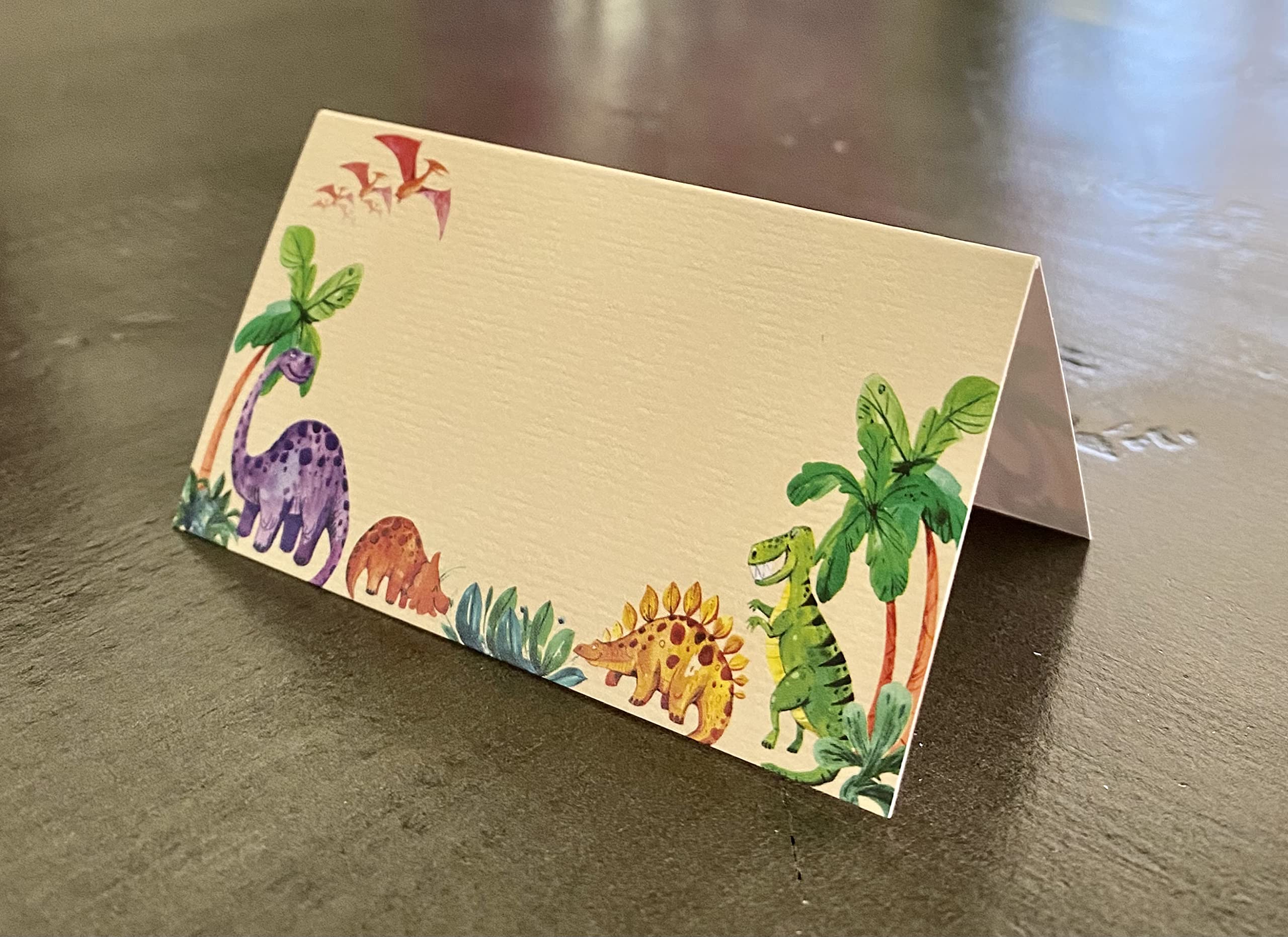 Dinosaur Place Cards - 25 Pack - Dinosaur Themed Card Labels for Food. Name Cards for Kids Birthday Parties, Jungle Theme Parties, Sleepover Parties, Cocktail Parties, and Buffets. 2” x 3.5” Folded.