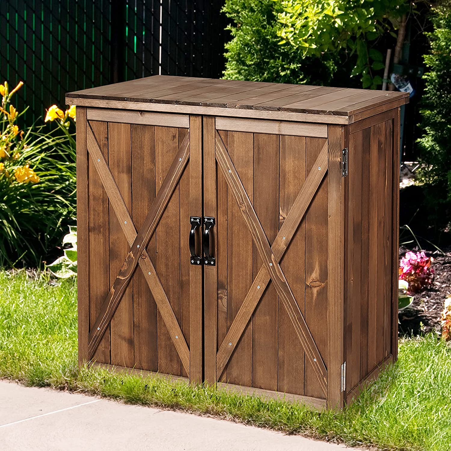 GRAFFY Garden Wooden Storage Shed, Compact Tool Cabinet with Doors and Handles, for Garden Yard Patio