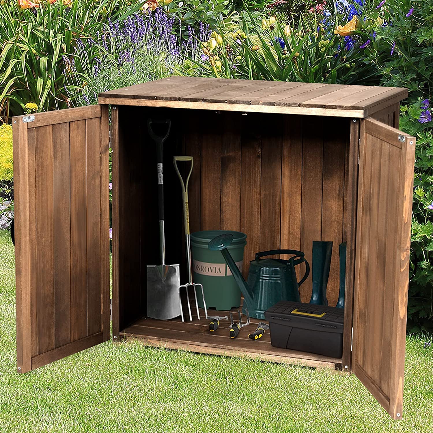 GRAFFY Garden Wooden Storage Shed, Compact Tool Cabinet with Doors and Handles, for Garden Yard Patio