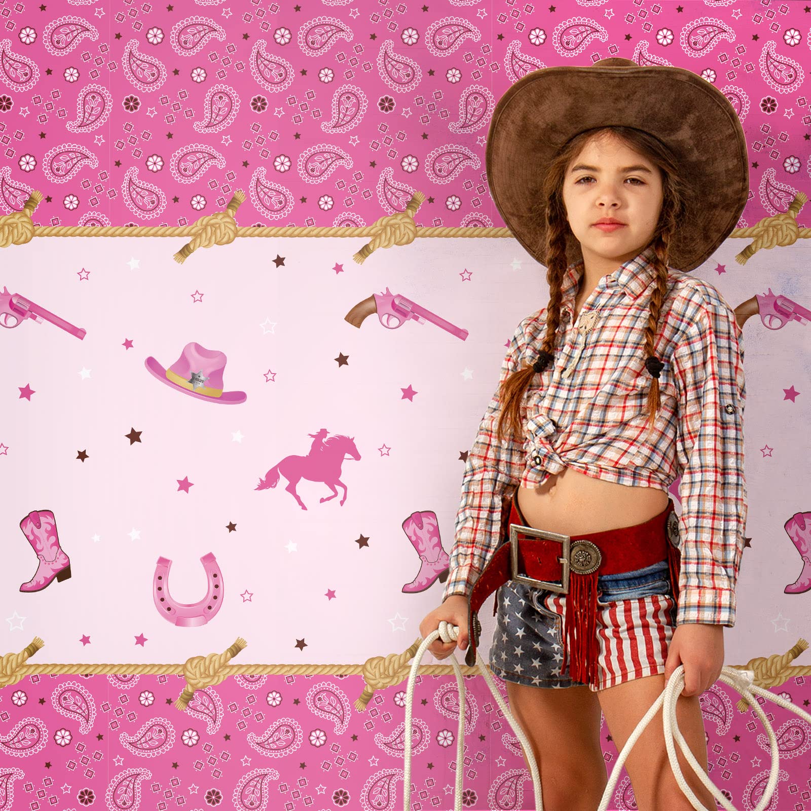 Tudomro Western Cowgirl Theme Birthday Party Tablecover Pink Felt Horse Tablecloth, Cowgirl Table Cover for Western Cowgirl Birthday Baby Shower Decorations(2 Pack)