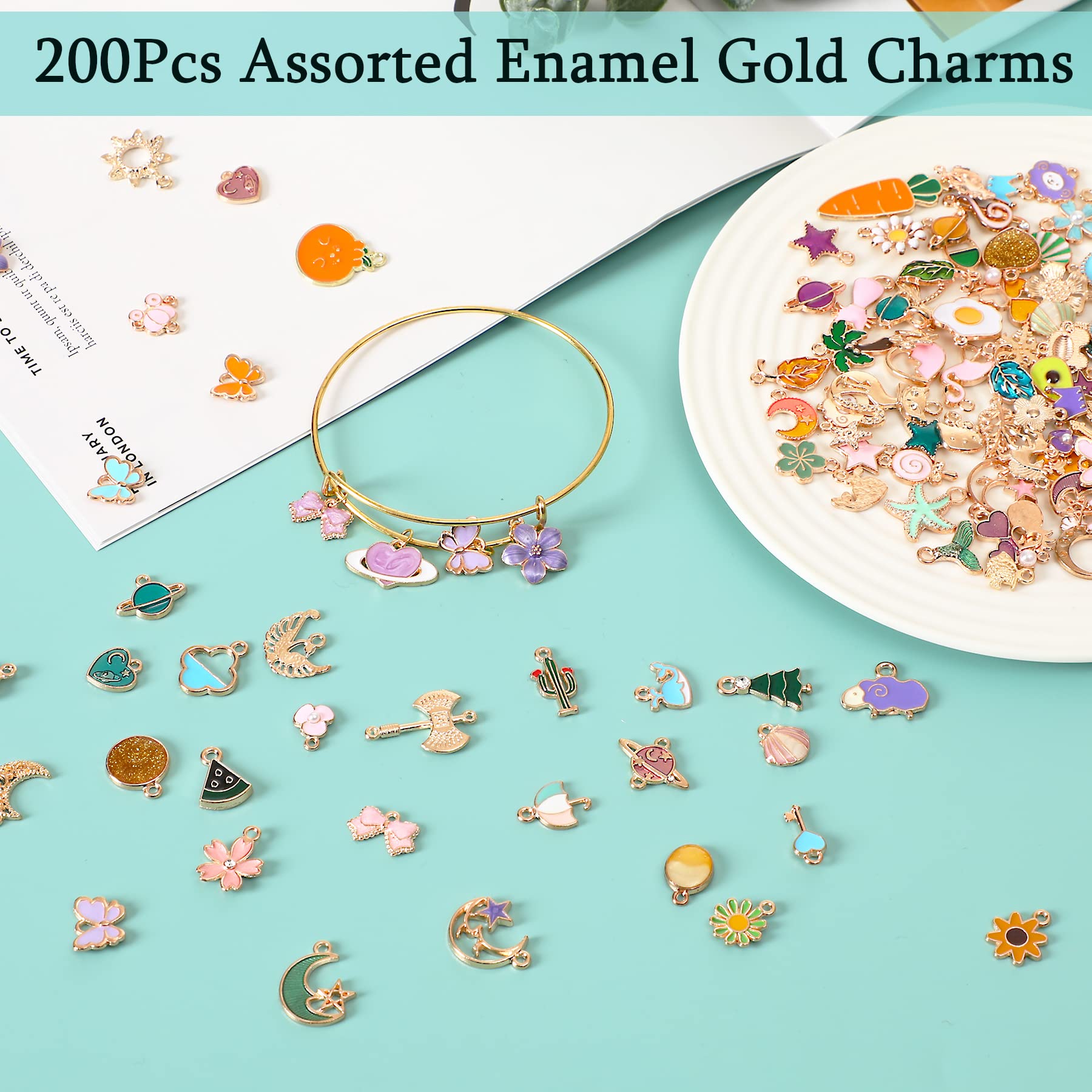 SANNIX 200Pcs Bracelet Charms for Jewelry Making Wholesale Bulk Jewelry Making Bracelets Charms Gold Plated Enamel Charms Pendants for Bracelet Necklace Jewelry Making