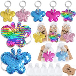 cicibear 60 pack big butterfly sequin keychains set with 20 keychains, 20 thank you tags and 20 gift bags for butterfly theme party decor,birthday baby shower wedding return gifts