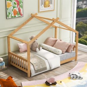 harper & bright designs house bed for kids, wood house twin platform bed with headboard and footboard, toddler house twin bed frame montessori crib. no box spring needed (twin, natural)