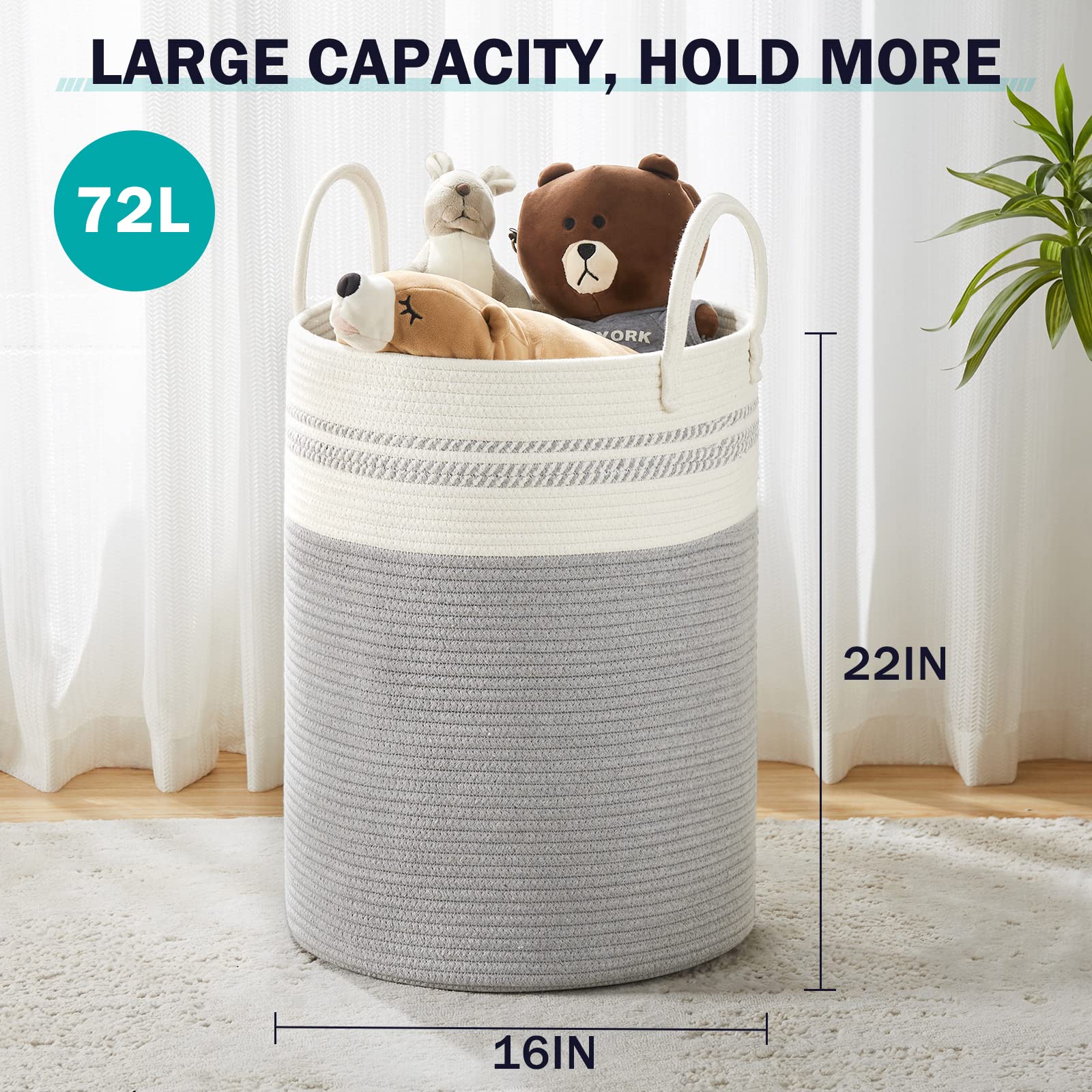 YOUDENOVA Woven Rope Laundry Hamper Basket, 72L Tall Luandry Basket, Baby Nursery Hamper for Blanket Storage, Clothes Hamper for Laundry in Bedroom-Large-Grey