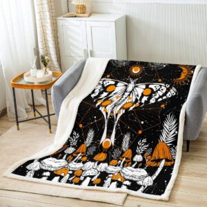 sun and moon fleece blanket,black white moth throw blanket,geometric constellation stars sherpa plush blanket for kids girls teens bedroom decor,trippy hand drawn mushroom flannel fuzzy blanket,throw