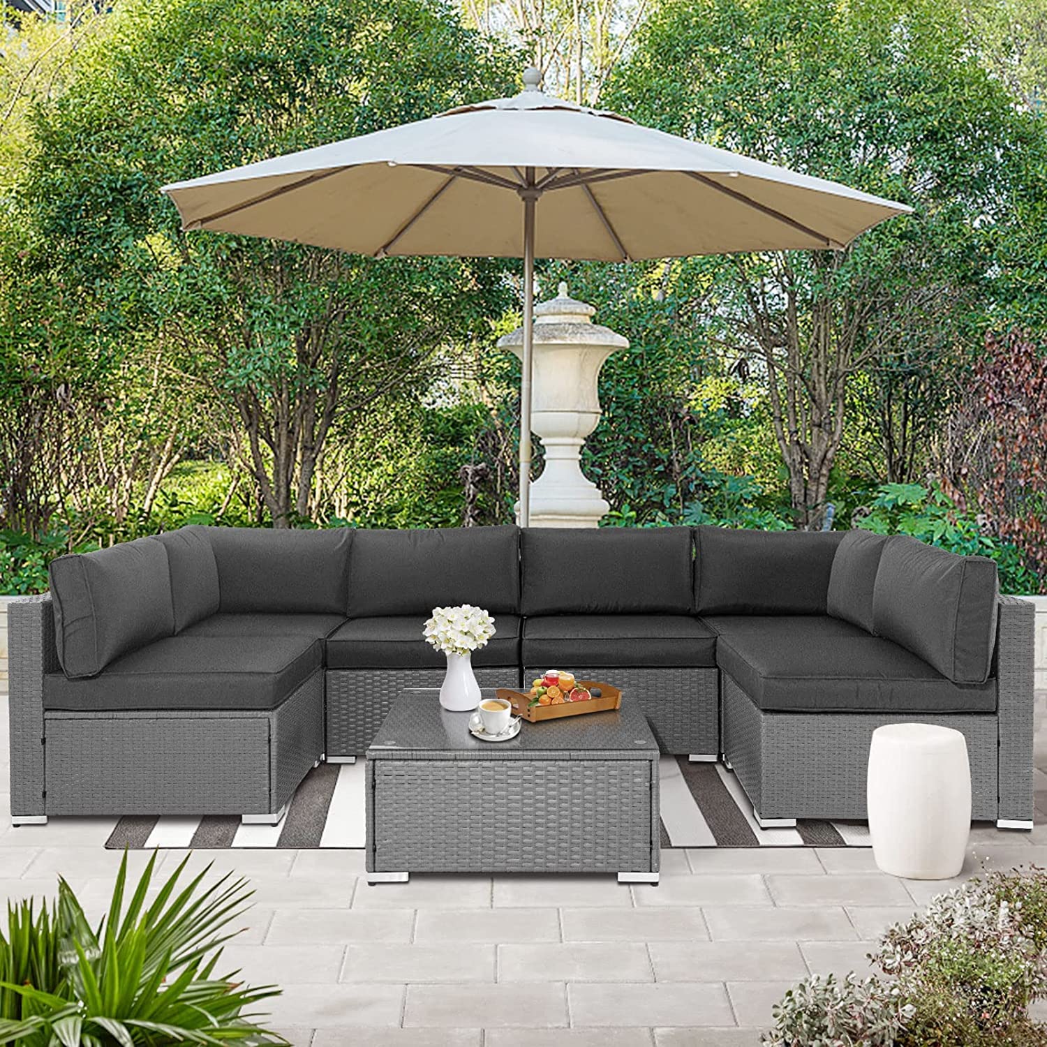 Incbruce 7-Piece Outdoor Furniture Sofa Set, All-Weather Gray Wicker Sectional Couch, Patio Conversation Sets with Glass Coffee Table and Washable Cushions (Grey)