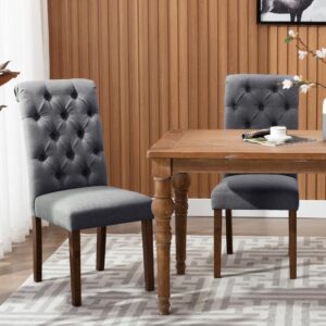 COLAMY Button Tufted Dining Chairs Set of 2, Parsons Upholstered Fabric Dining Room Chairs Kitchen Chairs with Wood Legs and Padded Seat, Dark Grey