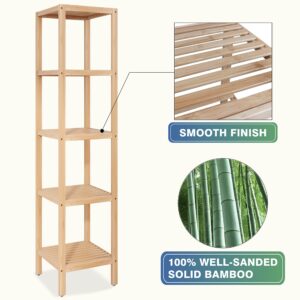 SMIBUY Bathroom Storage Shelf, 5-Tier Bamboo Rack Organizer, Multifunctional Shelving Unit for Living Room Bedroom Kitchen (Natural)