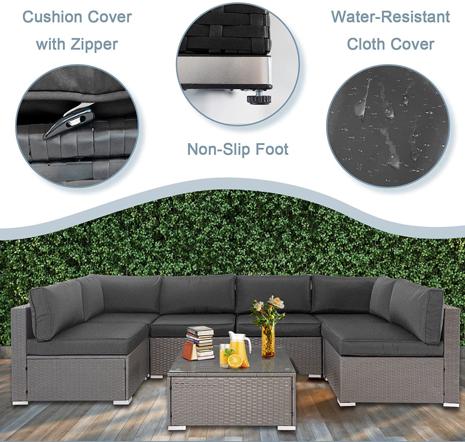 Incbruce 7-Piece Outdoor Furniture Sofa Set, All-Weather Gray Wicker Sectional Couch, Patio Conversation Sets with Glass Coffee Table and Washable Cushions (Grey)