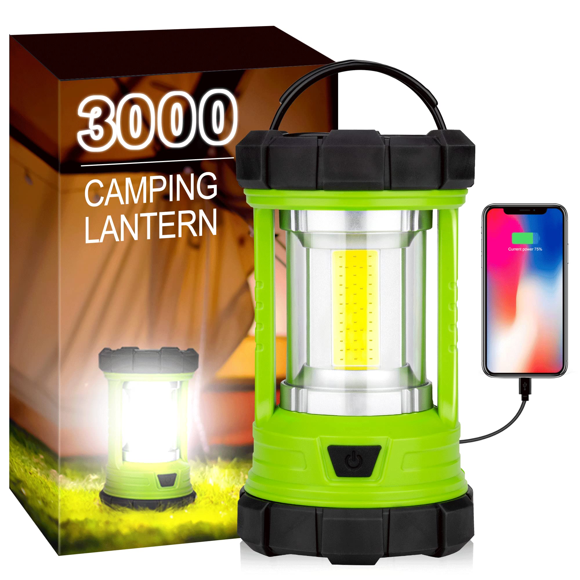 elesall Camping Lantern, 3000LM LED Rechargeable Battery Operated Lantern, 5 Light Modes, COB Waterproof Lantern Flashlight, Camping Light for Power Outage, Hurricane, Survival, Hiking