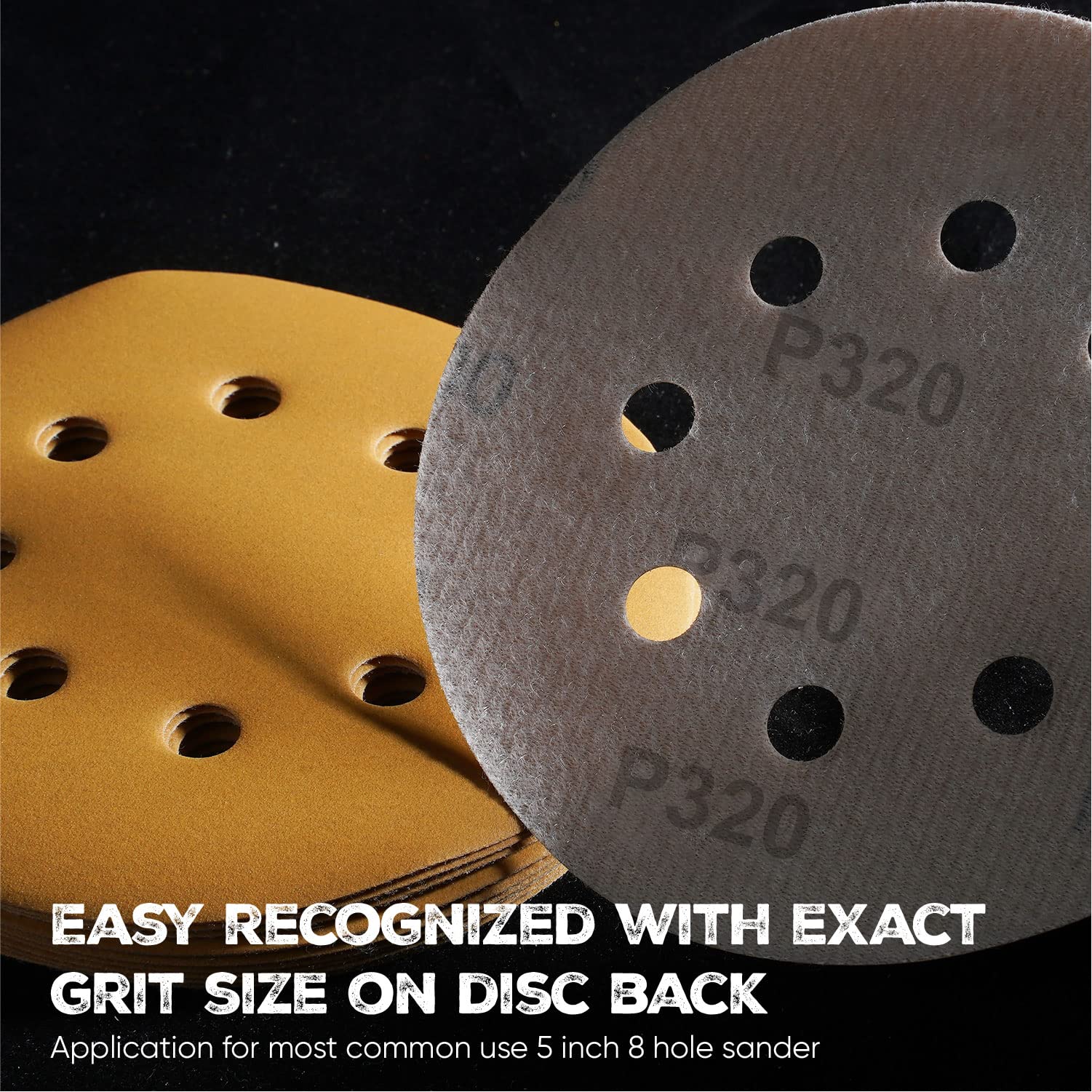 5 Inch 320 Grit Sanding Disc, 8 Hole Hook and Loop Aluminum Oxide Sanding Discs for Disc Sanders & Orbital Sanders - 50 Pack by toolant