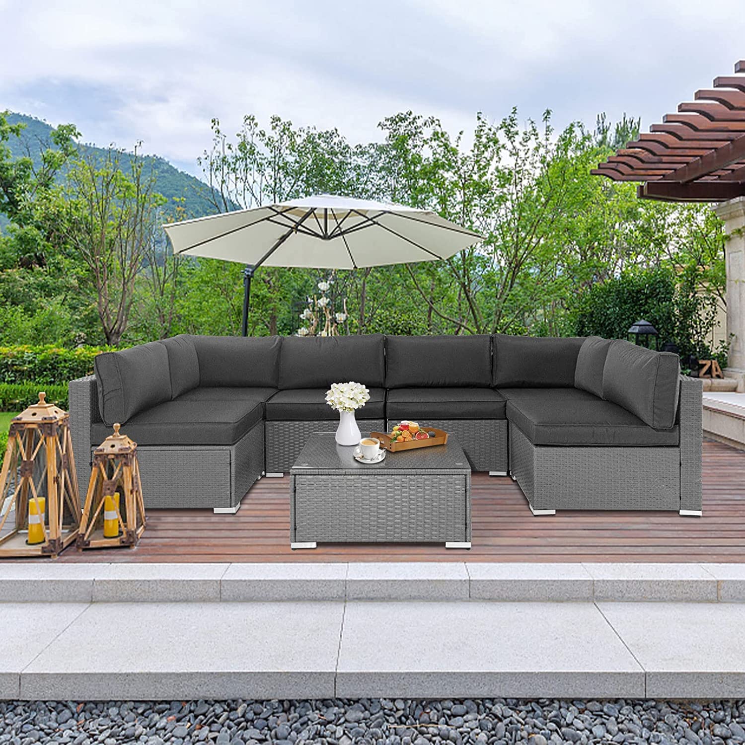 Incbruce 7-Piece Outdoor Furniture Sofa Set, All-Weather Gray Wicker Sectional Couch, Patio Conversation Sets with Glass Coffee Table and Washable Cushions (Grey)