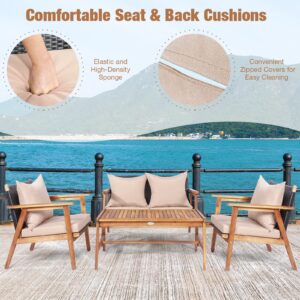 DORTALA 4 Piece Wicker Patio Furniture Set, Outdoor Acacia Wood & Rattan Coversation Sets with Chairs, Loveseat, Coffee Table for Backyard Porch Garden Poolside Balcony, Brown